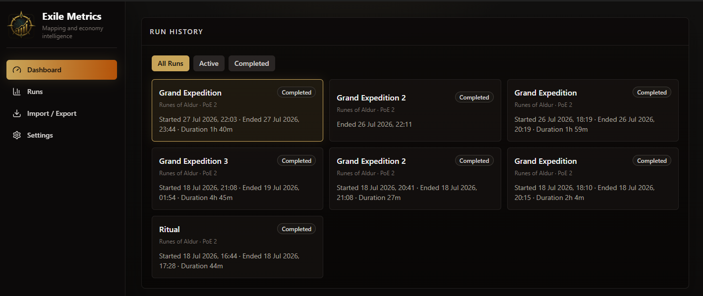 Exile Metrics run management view with fields for run name, league, date, notes, an active-run option, and a list of completed runs