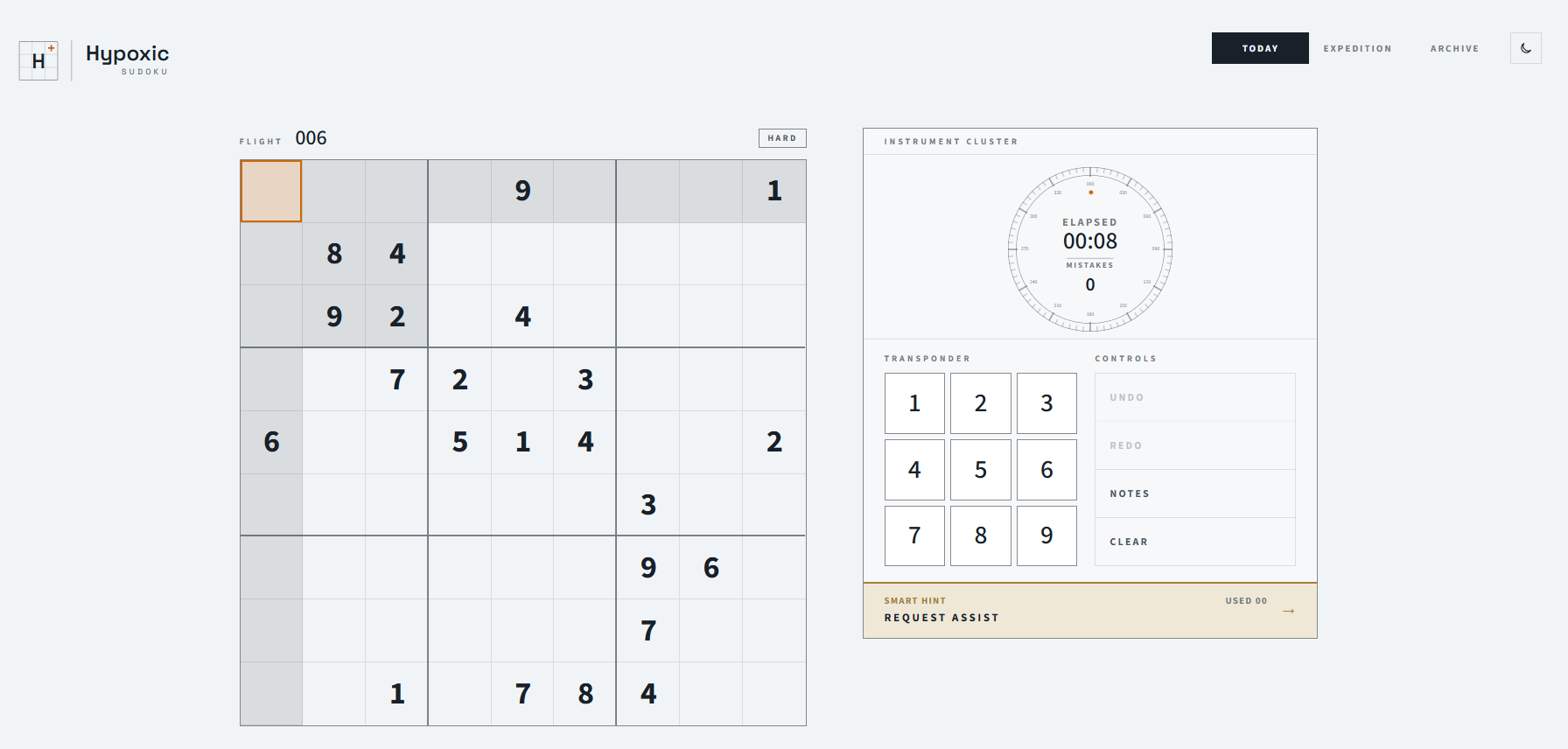 Hypoxic Sudoku desktop Today view with a Sudoku grid, Flight 006, Hard difficulty, timer, number controls, and Smart Hint panel