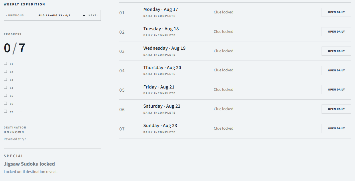 Hypoxic Sudoku Weekly Expedition showing seven daily entries, weekly progress, a hidden destination, and a locked Special