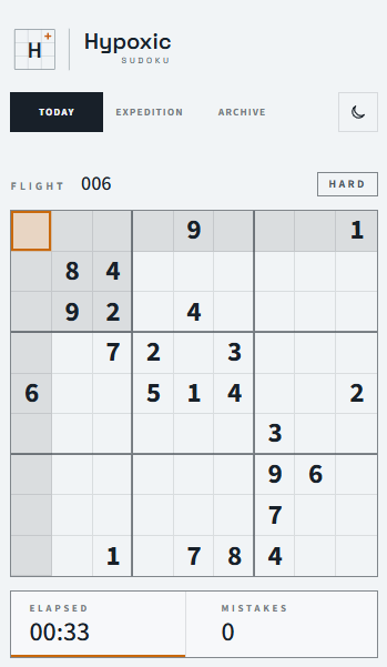 Narrow Hypoxic Sudoku Today view showing navigation, Flight 006, the full Sudoku board, elapsed time, and mistakes